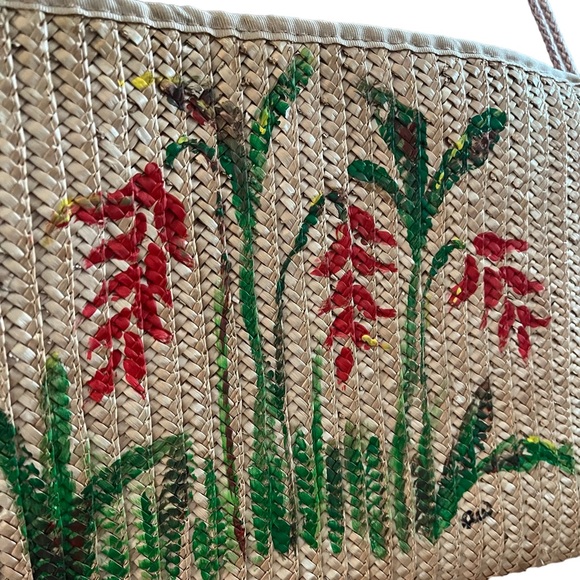 Vintage 70s double sided art straw handbag hand painted floral pastel - Picture 8 of 16